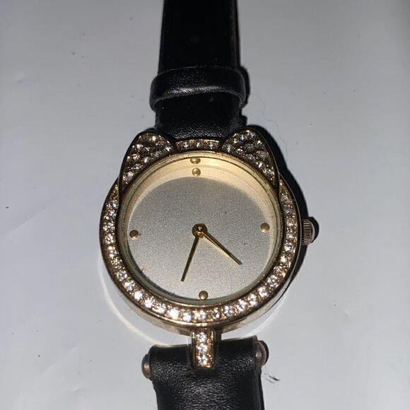 Jessica Carlyle Women's Gold Tone Black Band Cat Rhinestone Bezel Quartz Watch - Picture 2 of 12